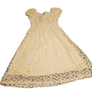 Ivy City Girls Size 8 Ruched Chest Daisy Lace Overlay Ivory/Beige Midi Dress